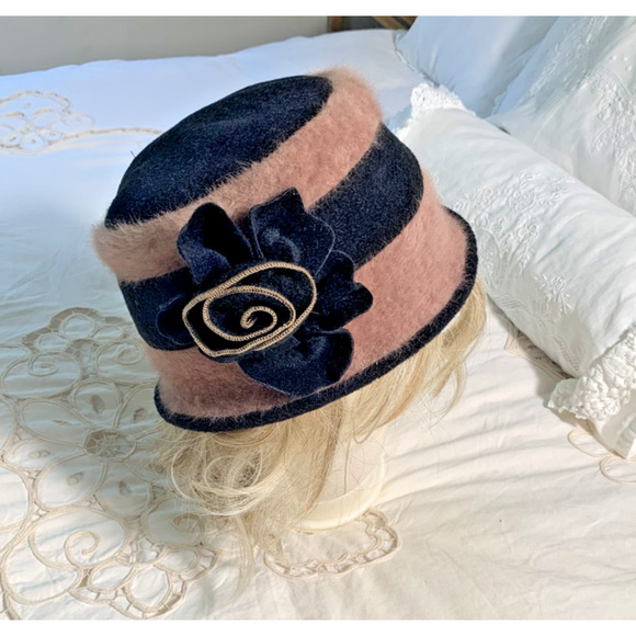 C.C. Exclusives Angora Felted Cloche Bucket Hat 1920's Style Flower Romantic - Picture 1 of 6